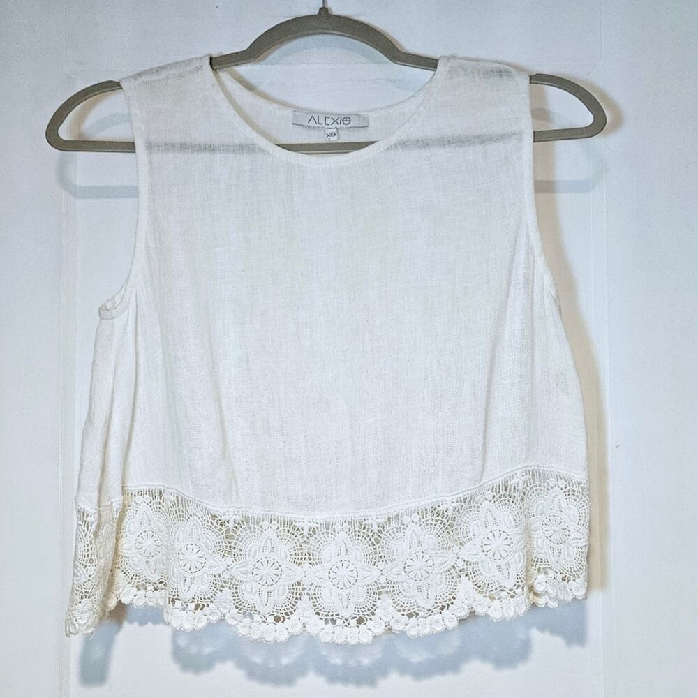 Alexis White Linen Lace Hem Tank Top Made in USA XS